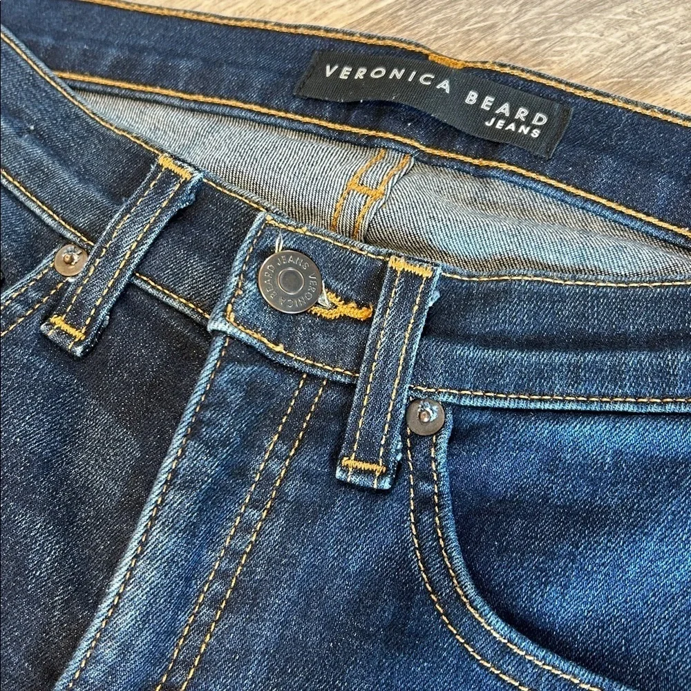 Veronica Beard Brooke 8.5” Low Rise Skinny Jean Dark Wash Gold Stitch Denim | 26